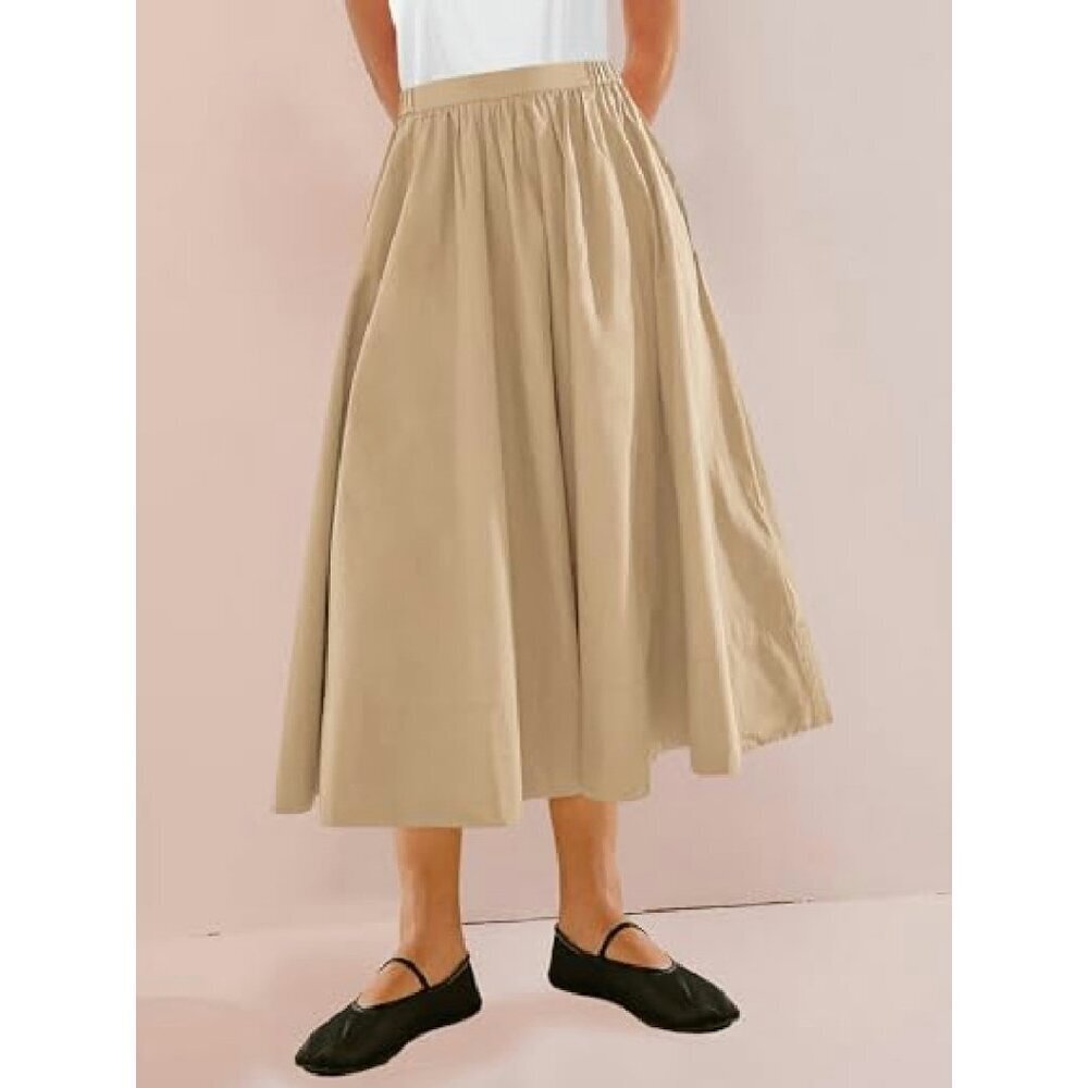 Women's A-Line Midi Skirt with Pocket, Elastic Waist, Flowy Polyester Blend - Picture 6 of 8